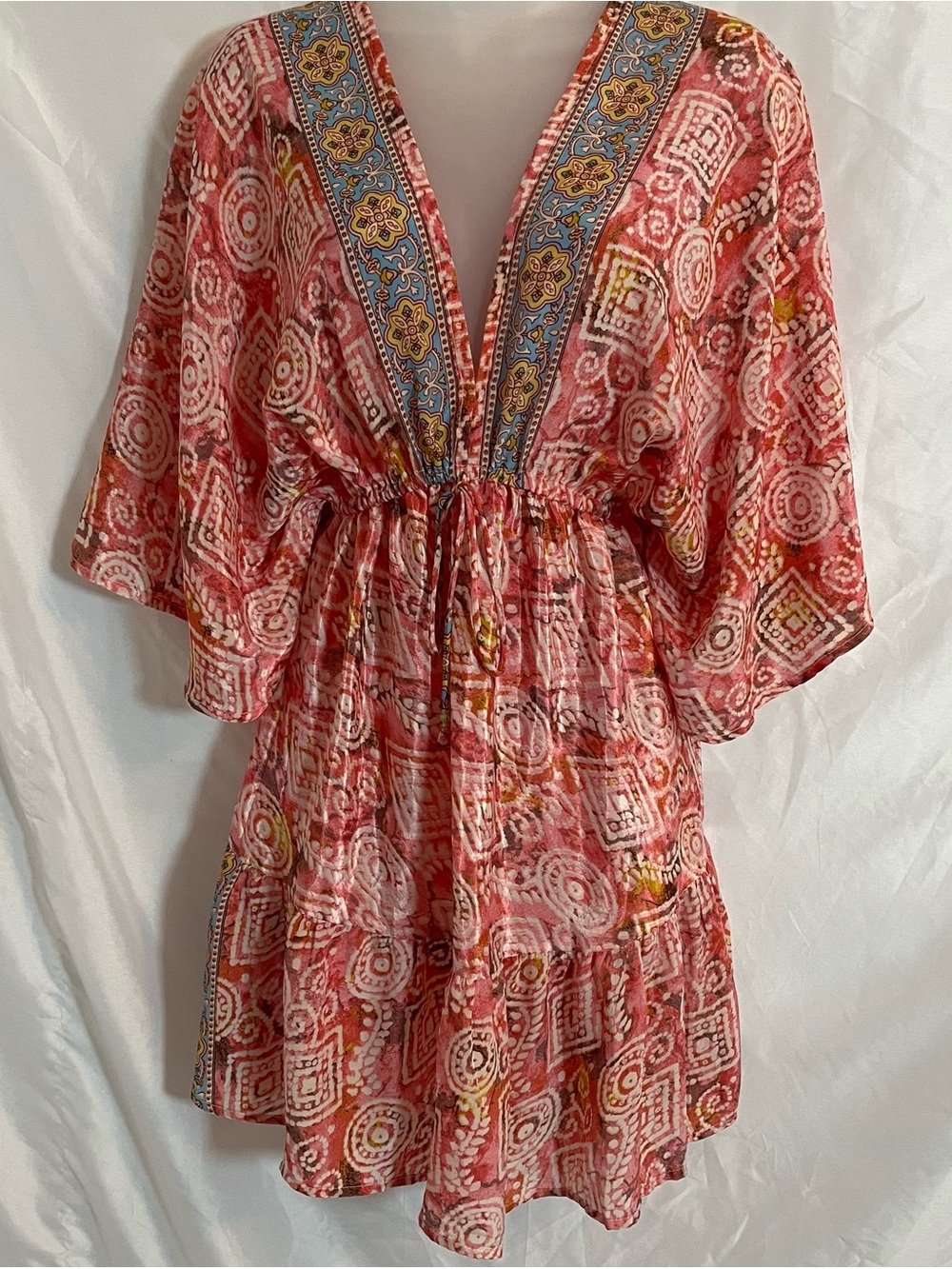 Zury Silk Blend Paisley Boho Mini Dress Free Size Coral Blue